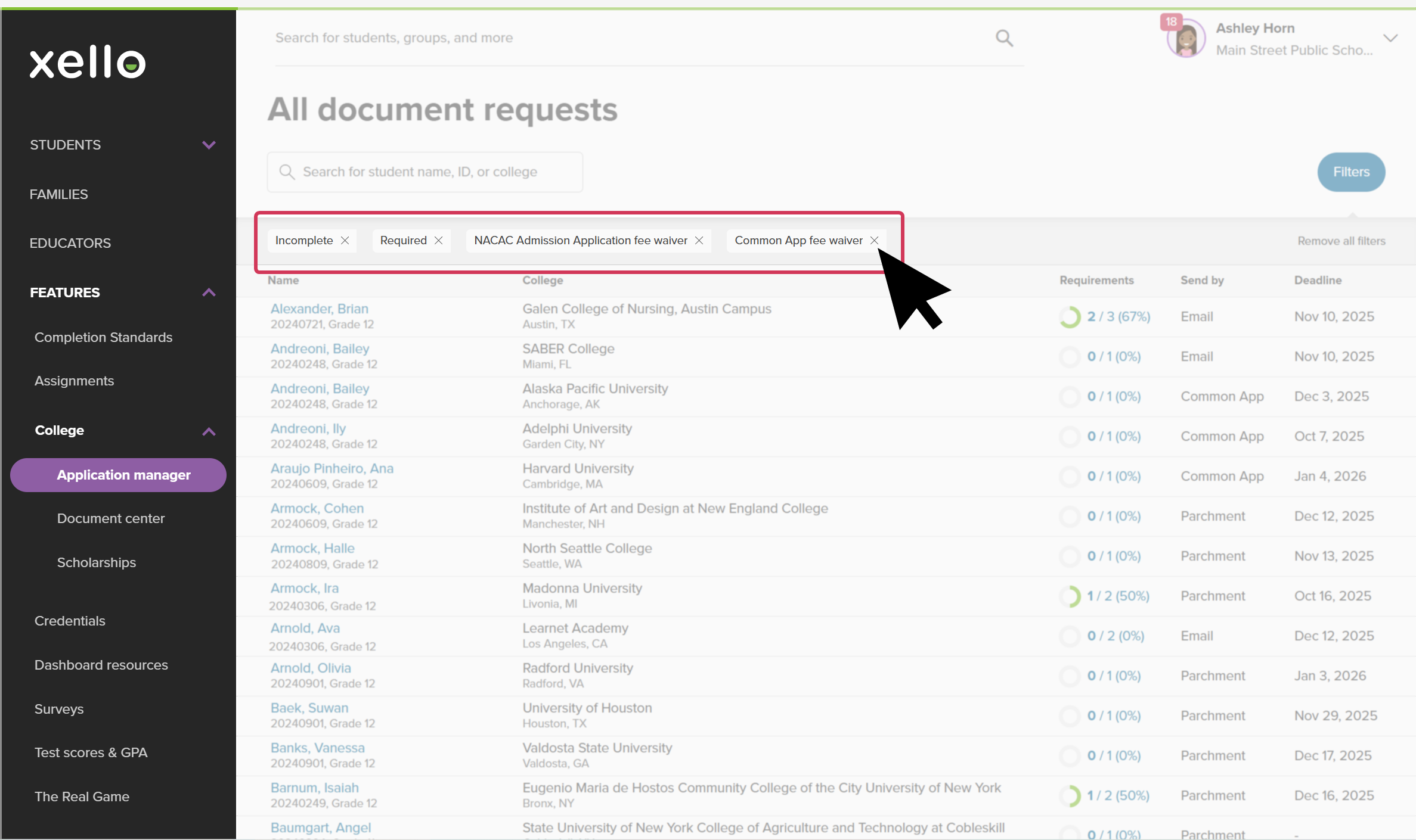 Document requests page in Xello. There are four filters applied and highlighted related to fee waivers. The cursor is clicking the X next to "Common App fee waiver" to remove it.